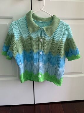 Girls' Striped Knit Button-Up Top in Green & Blue 2 piece set Top and Bottom